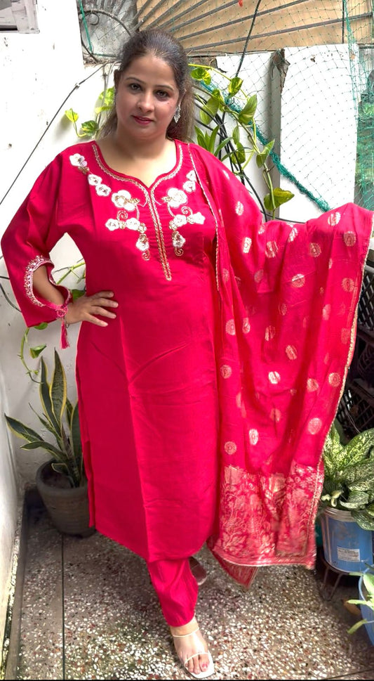 Magenta Muslin Ensemble with Banarasi Dupatta