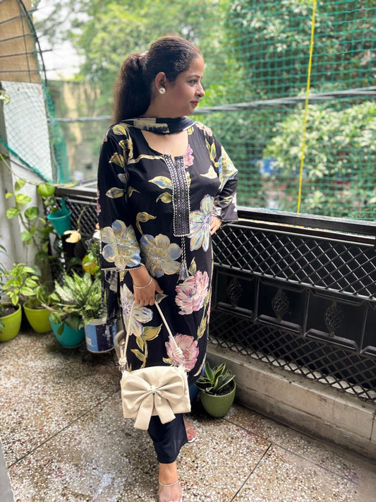 Black Floral Rayon Cotton Suit Sizes up to 6XL