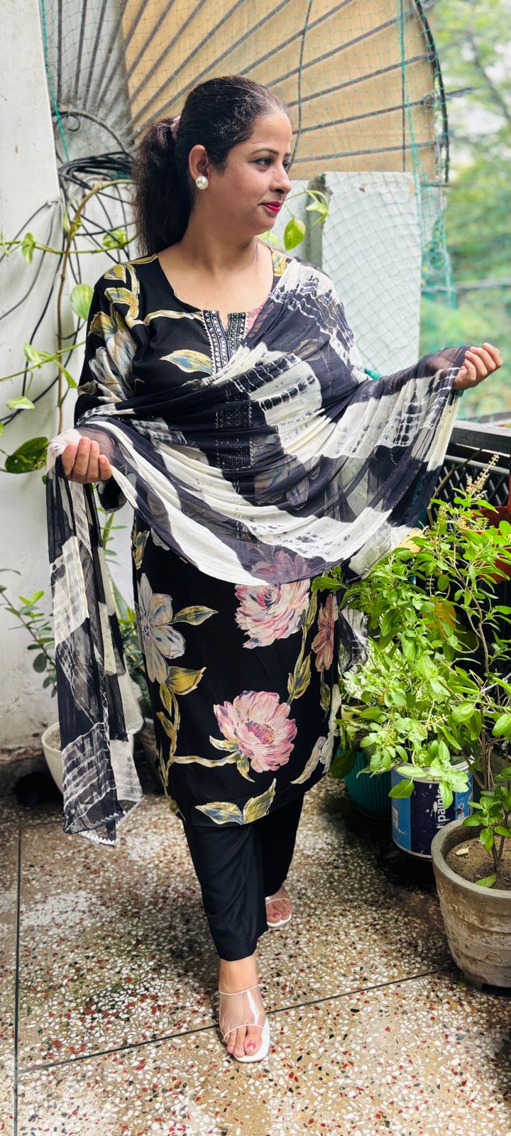 Black Floral Rayon Cotton Suit Sizes up to 6XL
