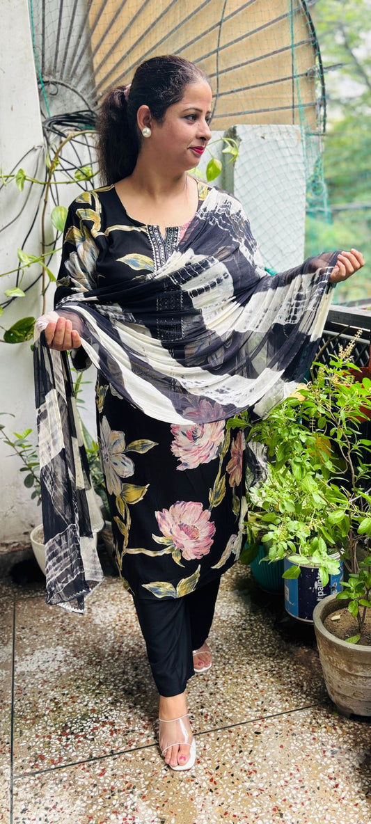 Black Floral Rayon Cotton Suit Sizes up to 6XL