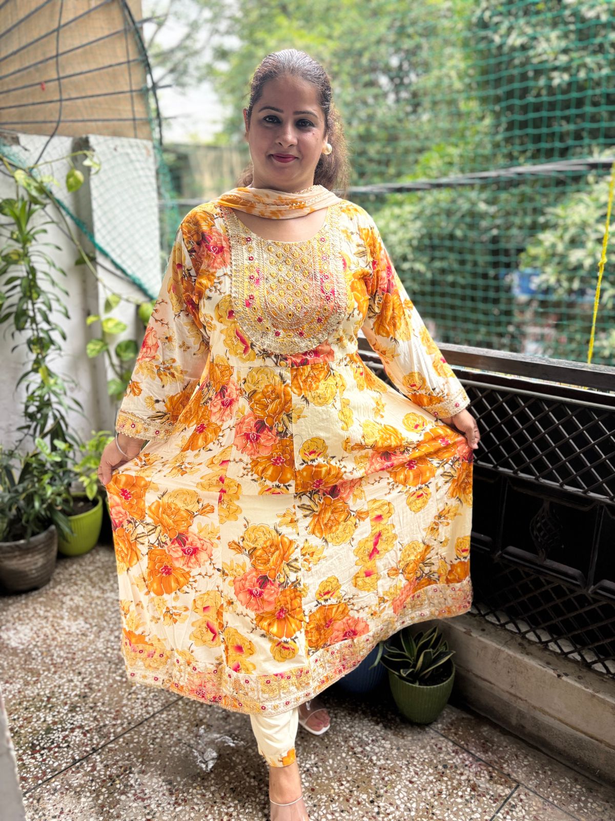 Floral print with embroidery Frock Style suit