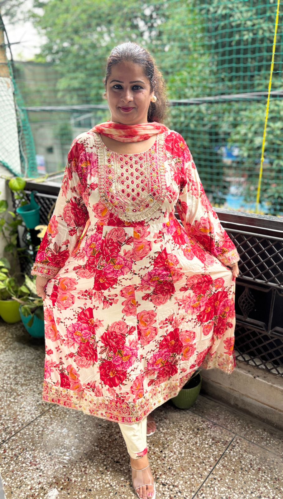 Floral print with embroidery Frock Style suit