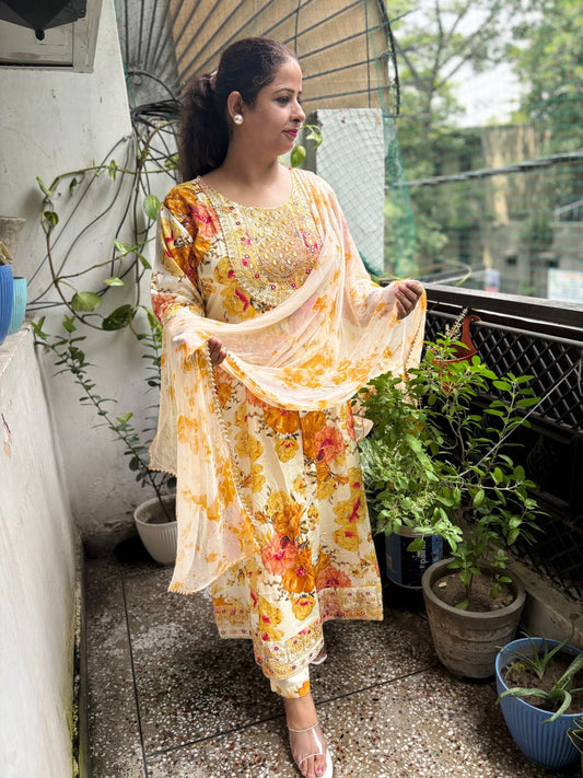 Floral print with embroidery Frock Style suit