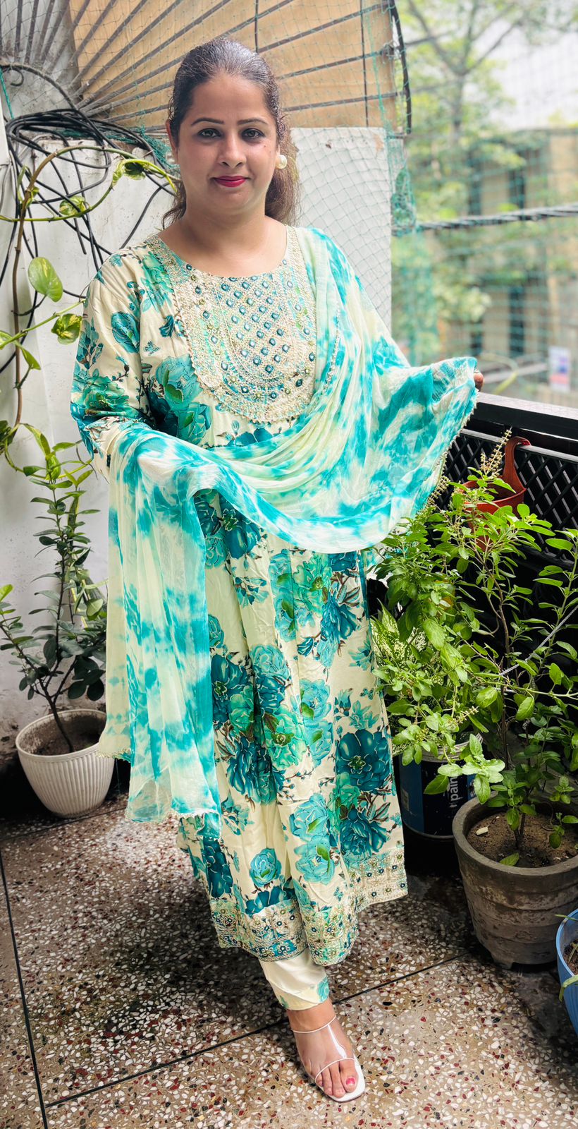 Floral print with embroidery Frock Style suit