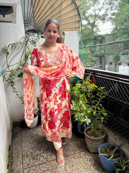 Floral print with embroidery Frock Style suit