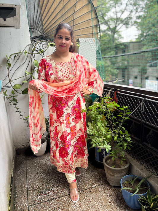 Floral print with embroidery Frock Style suit