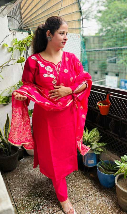 Magenta Muslin Ensemble with Banarasi Dupatta