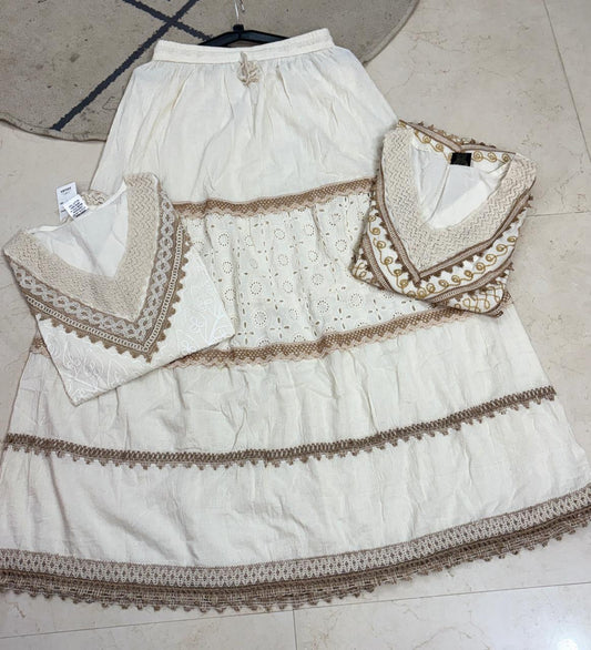 A-line Long Skirt with Cream & Cocoa Embroidered Tops