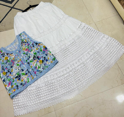 A-line Long Skirt with Cream & Cocoa Embroidered Tops