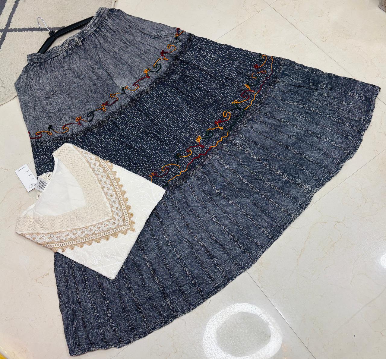 A-line Long Skirt with Cream & Cocoa Embroidered Tops