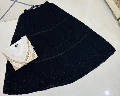 A-line Long Skirt with Cream & Cocoa Embroidered Tops