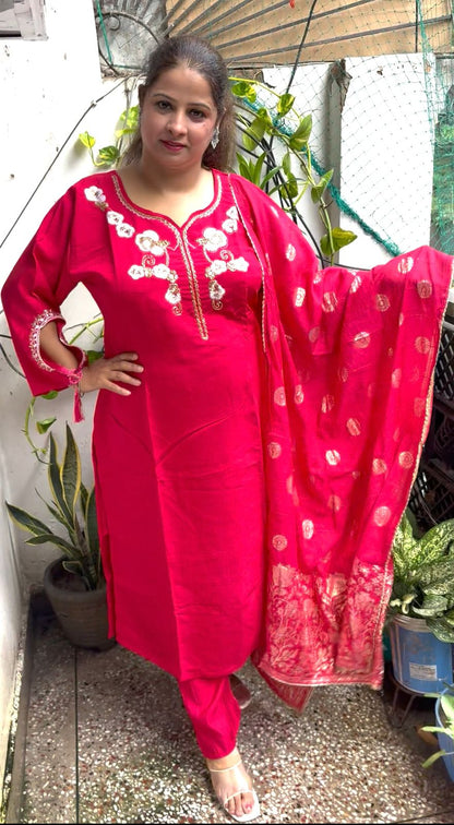 Magenta Muslin Ensemble with Banarasi Dupatta