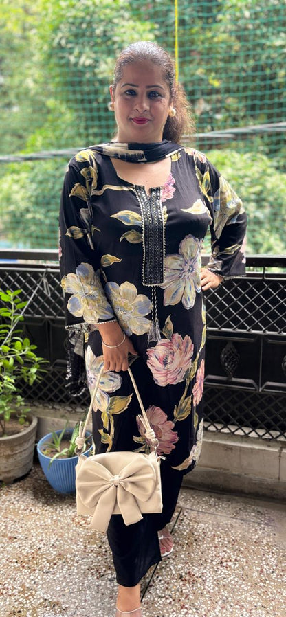 Black Floral Rayon Cotton Suit Sizes up to 6XL