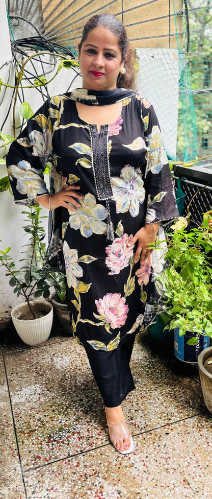 Black Floral Rayon Cotton Suit Sizes up to 6XL